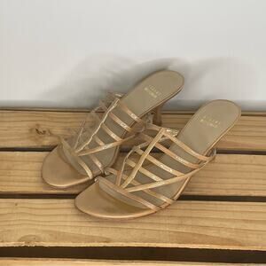 Stuart Weitzman nude patent leather slip on heel sandals 8.5 M